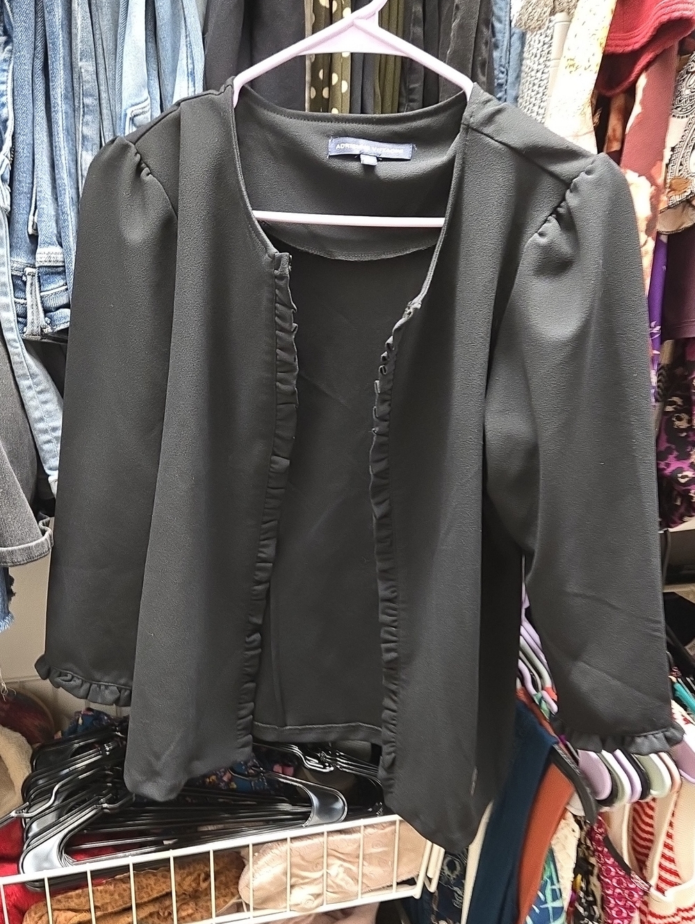 Black Puff-Sleeve Open Front Jacket
